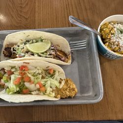 Tacos 4 Life - Collierville - The blackened mahi-mahi taco and the Baja fish (fried) taco with a side of Mexican corn.