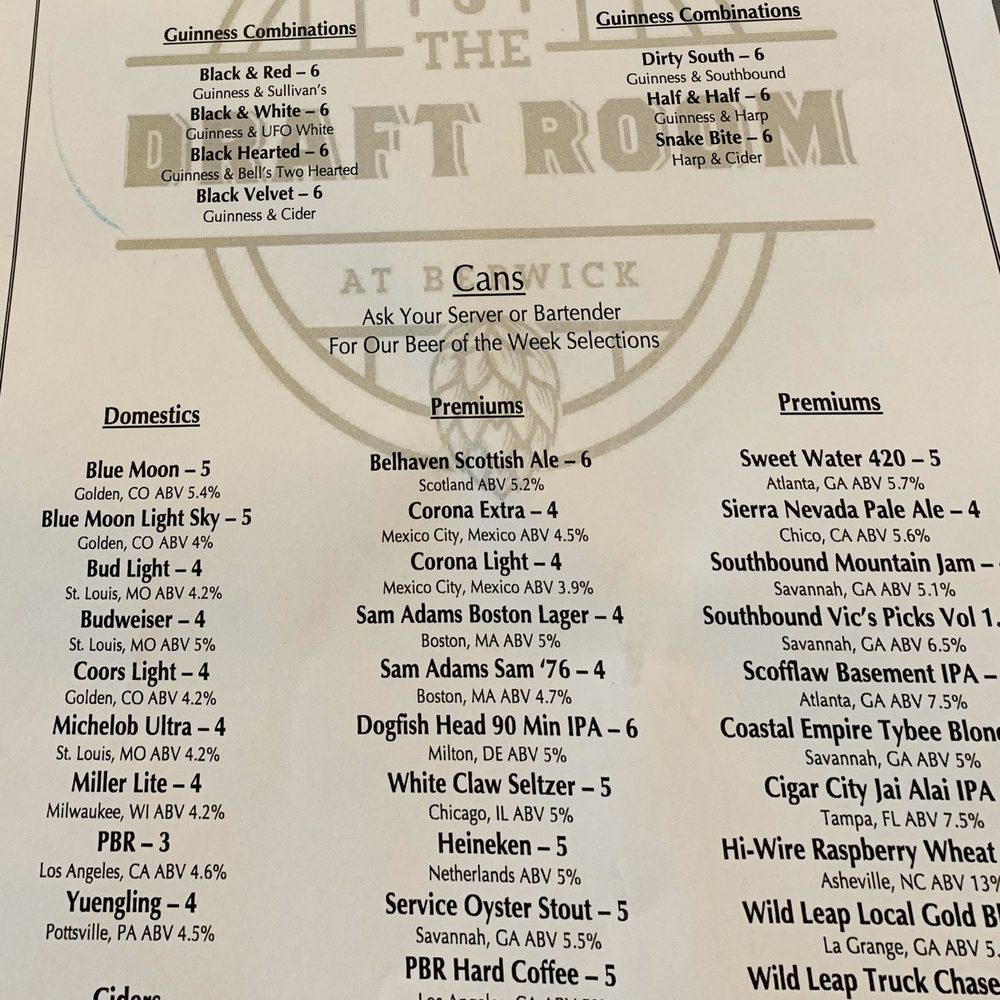 The Draft Room At Berwick - Beer Menu (March 2020) - Sports Bars Near Me - Savannah, Georgia The Draft Room At Berwick - Beer Menu (March 2020) - Sports Bars Near Me - Savannah, Georgia