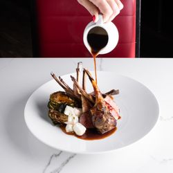 Slightly North of Broad - NEW ZEALAND LAMB RACK: muhammara, marinated feta potatoes, rosemary reduction
