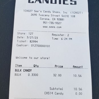 See's Candies - Receipt - Candy Stores Near Me - Corona, California See's Candies - Receipt - Candy Stores Near Me - Corona, California