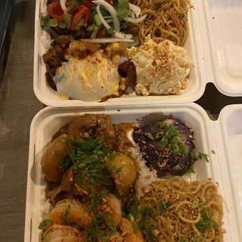 Barkada Edmonds - Two mixed plates. 1) garlic shrimp, chicken adobo, pancit, purple potato salad 2) lechon, sisig, pancit, mac salad - Filipino Near Me - Edmonds, Washington