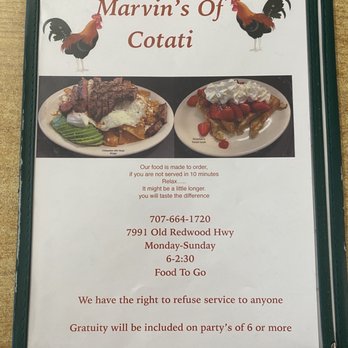 Marvin's Restaurant - Front of menu - American Near Me - Cotati, California Marvin's Restaurant - Front of menu - American Near Me - Cotati, California