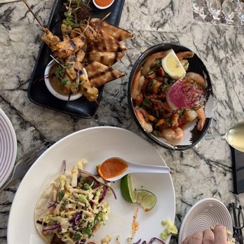 Carruthers - 1 of 2 blacked shrimp tacos, chicken satay and Spanish shrimp.  All were fantastic. - New American Near Me - Astoria, Oregon