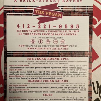 Country Style Pizza - Vegan Menu (front) - Pizza Near Me - Bridgeville, Pennsylvania Country Style Pizza - Vegan Menu (front) - Pizza Near Me - Bridgeville, Pennsylvania