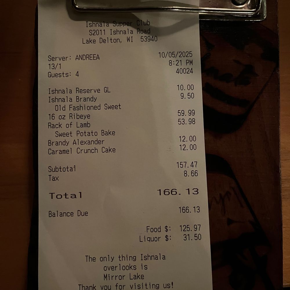 Ishnala - receipt - Steakhouses Near Me - Wisconsin Dells, Wisconsin Ishnala - receipt - Steakhouses Near Me - Wisconsin Dells, Wisconsin