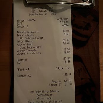 Ishnala - receipt - Steakhouses Near Me - Wisconsin Dells, Wisconsin