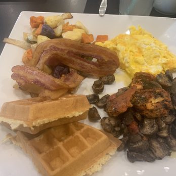 Waffles INCaffeinated - Sampler: roasted potatoes, roasted tomatoes, mushrooms, scrambled eggs, bacon and half waffle. - Breakfast & Brunch Near Me - Pittsburgh, Pennsylvania