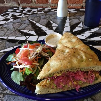 Rosetta's Kitchen - Rueben tempeh kraut avocado sandwich with side salad ginger dressing - Vegetarian Near Me - Asheville, North Carolina