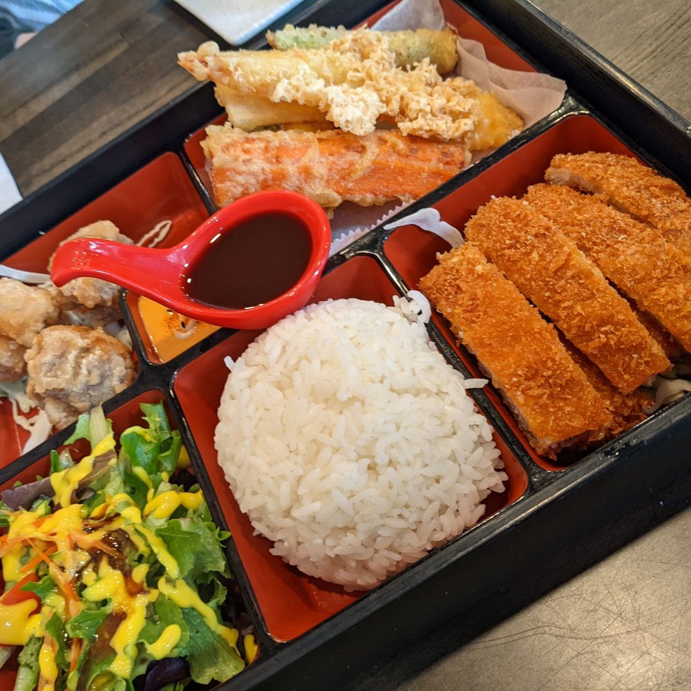Hashi Gawa - Three item bento. Tonkatsu, karaage and tempura. - Japanese Near Me - Alameda, California Hashi Gawa - Three item bento. Tonkatsu, karaage and tempura. - Japanese Near Me - Alameda, California