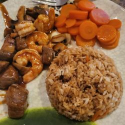 Tokyo Japanese Steak House - Steak and shrimp lunch with carrots and pilaf