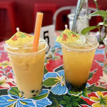 Lucky Tigre - Left: Siargao Summer ($7) with tapioca pearls ($1.75), Right: Calamansi Lemonade ($6) with tapioca pearls ($1.75) - Food Trucks Near Me - Tampa, Florida Lucky Tigre - Left: Siargao Summer ($7) with tapioca pearls ($1.75), Right: Calamansi Lemonade ($6) with tapioca pearls ($1.75) - Food Trucks Near Me - Tampa, Florida