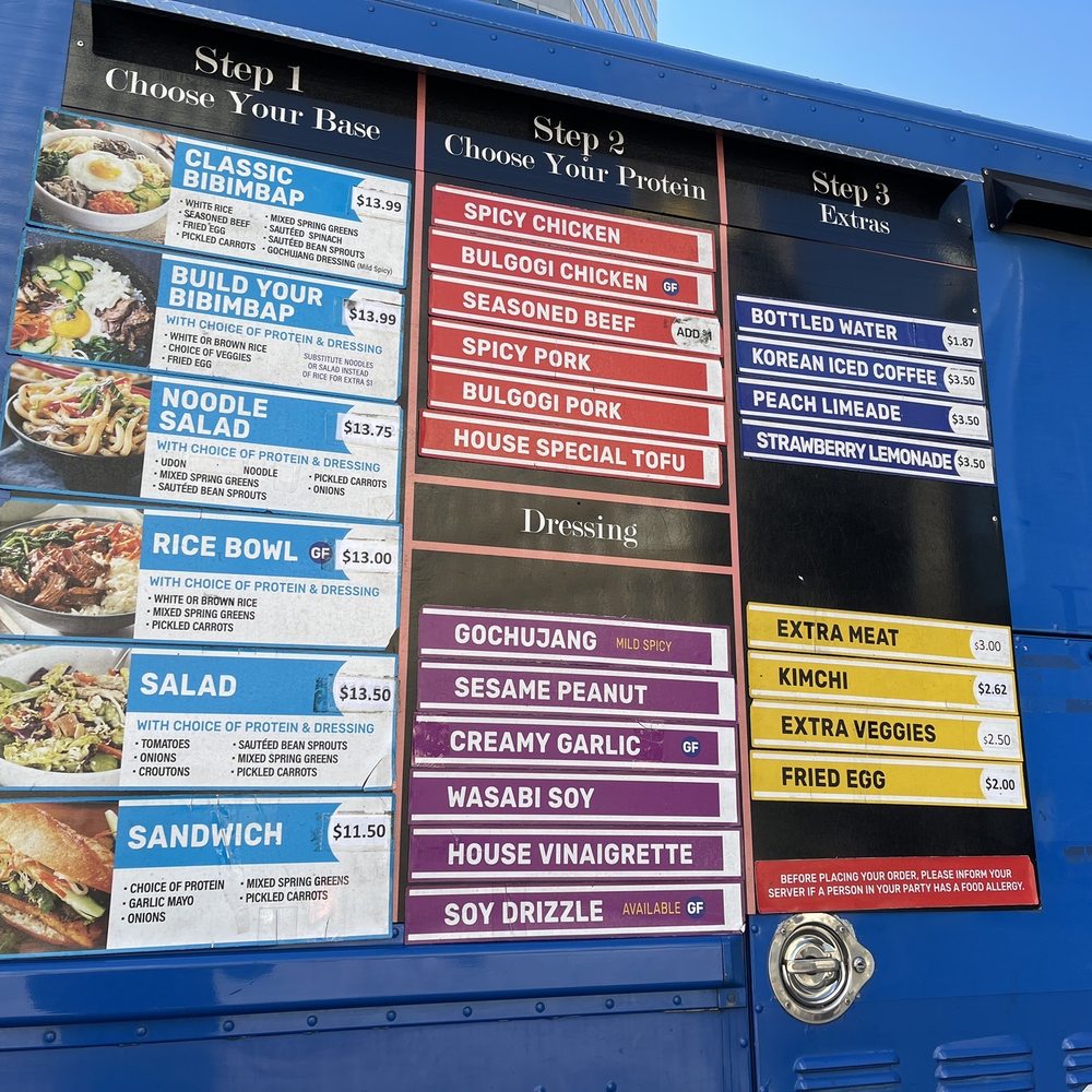 BiBim Box - a menu on the side of a blue truck - Food Trucks Near Me - Boston, Massachusetts BiBim Box - a menu on the side of a blue truck - Food Trucks Near Me - Boston, Massachusetts