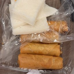 Egg rolls and Bai Tang Gao (white sugar sponge "cake")