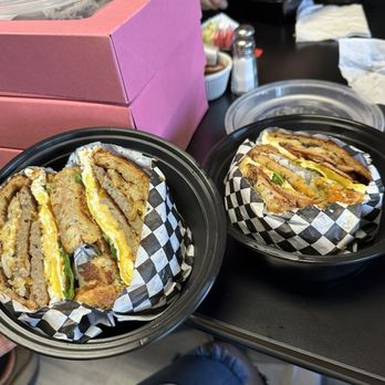 The Breakfast Factory - Sausage & Egg sandwich! And the ham, egg & chipotle sauce in a croissant ...  yum yum yum - Breakfast & Brunch Near Me - Clovis, California