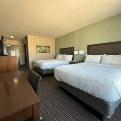 Holiday Inn Express & Suites Indio - Coachella Valley - A long shot of the room, taken from the window area. Notice that the bed had bedspreads.