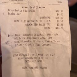 Chuck's Roadhouse Bar And Grill - Receipt for chucks roadhouse
