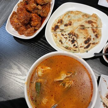 Myungin Dumplings - 17. Sweet & Spicy Fried Chicken - Half green onion pancake some ramen beef soup that was on promotion for 15% off (wouldn't recommend tbh) - Korean Near Me - Northridge, California Myungin Dumplings - 17. Sweet & Spicy Fried Chicken - Half green onion pancake some ramen beef soup that was on promotion for 15% off (wouldn't recommend tbh) - Korean Near Me - Northridge, California
