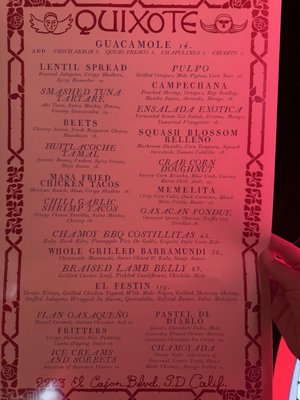 Menu photo 1 Quixote San Diego, CA