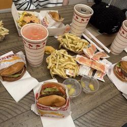 Double Double's, Fries, Pink Lemonade, Coke, Water, Spreads, Chilies !!!