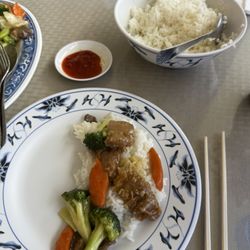 Family style rice, chow mein, and broccoli.