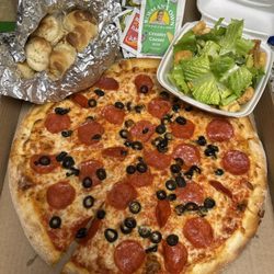 Borriello Brothers Pizza - Pepperoni and Black Olive, Caesar salad and garlic knots