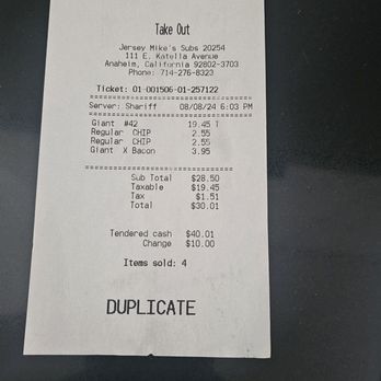 Jersey Mike's Subs - Reciept - Sandwiches Near Me - Anaheim, California Jersey Mike's Subs - Reciept - Sandwiches Near Me - Anaheim, California