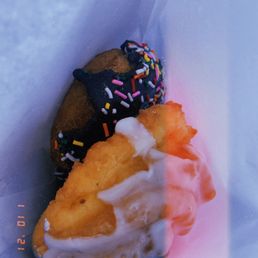 French cruller and rainbow sprinkle cake donut