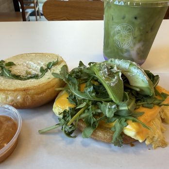 Stardust Coffee House - My BAE sandwich w/o pork and added arugula - Matcha Ube coconut milk latte. - Coffee & Tea Near Me - Fremont, California
