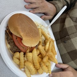 Carolina Grill of Easley - Bacon cheeseburger plate with French fries and Cole slaw