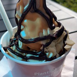 Vanilla Freeze with almond butter, chocolate drizzle, and sliced almonds. Vanilla Freeze with almond butter, chocolate drizzle, and sliced almonds.