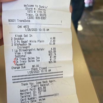 Dunkin' - Is this for real? Double tax? I don't mind paying a dollar but was just surprised to see double taxes rate with different rates lol - Coffee & Tea Near Me - Tracy, California Dunkin' - Is this for real? Double tax? I don't mind paying a dollar but was just surprised to see double taxes rate with different rates lol - Coffee & Tea Near Me - Tracy, California