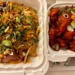 Dry Gobi Manchurian - Two takeout containers feature Asian-style stir-fried noodles with vegetables and chopped green onions, and spicy fried chicken pieces with sauce and garnishes.