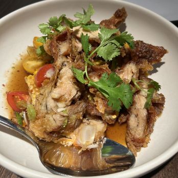 Koon Thai Eatery - CHICKEN BOMB *** Fried chicken thigh, shallot, corn, tomato, scallion, cilantro, fried onion, tamarind lime fish sauce - Thai Near Me - Hillsdale, New Jersey