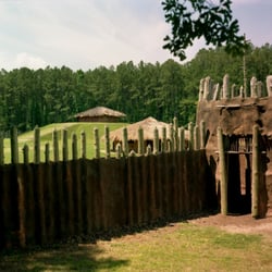 Town Creek Indian Mound State Historic Site - Guard tower, hut, mound and Townhouse at Town Creek