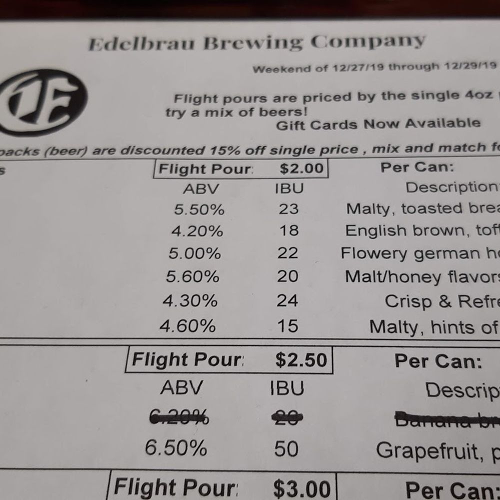 Edelbrau Brewing Company - 12/29/19 beer menu, pt. 1 - Breweries Near Me - Ann Arbor, Michigan Edelbrau Brewing Company - 12/29/19 beer menu, pt. 1 - Breweries Near Me - Ann Arbor, Michigan