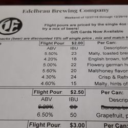 Edelbrau Brewing Company - 12/29/19 beer menu, pt. 1