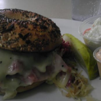 Kravitz Delicatessen - The "Tom & Jeff.". (Corned beef, grilled sauerkraut, swiss cheese, 1000 Island, on a toasted everything bagel.) - Delis Near Me - Youngstown, Ohio