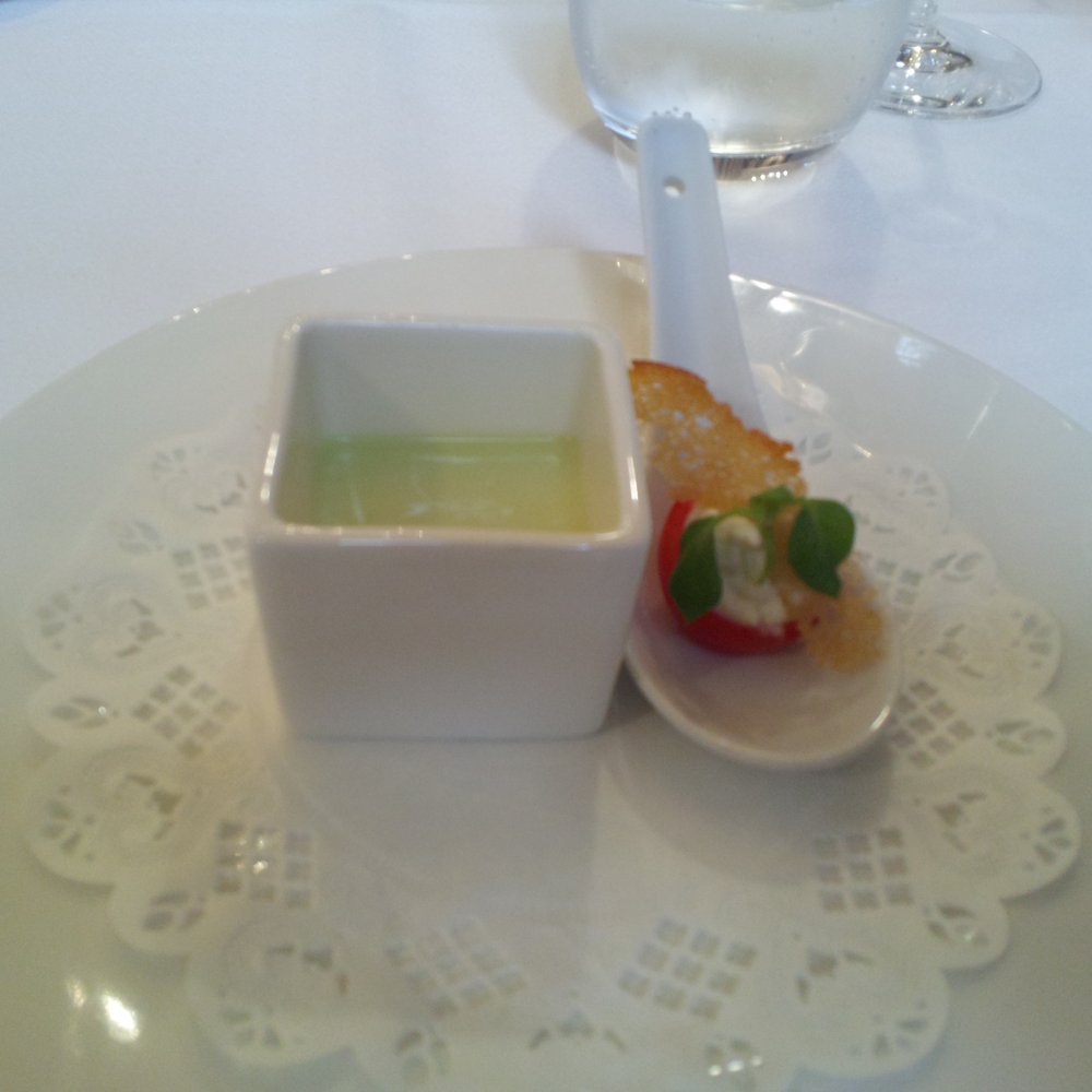 La Mère Brazier - amuse. avocado cream and tomato crisp. - French Near Me - Lyon, 69
