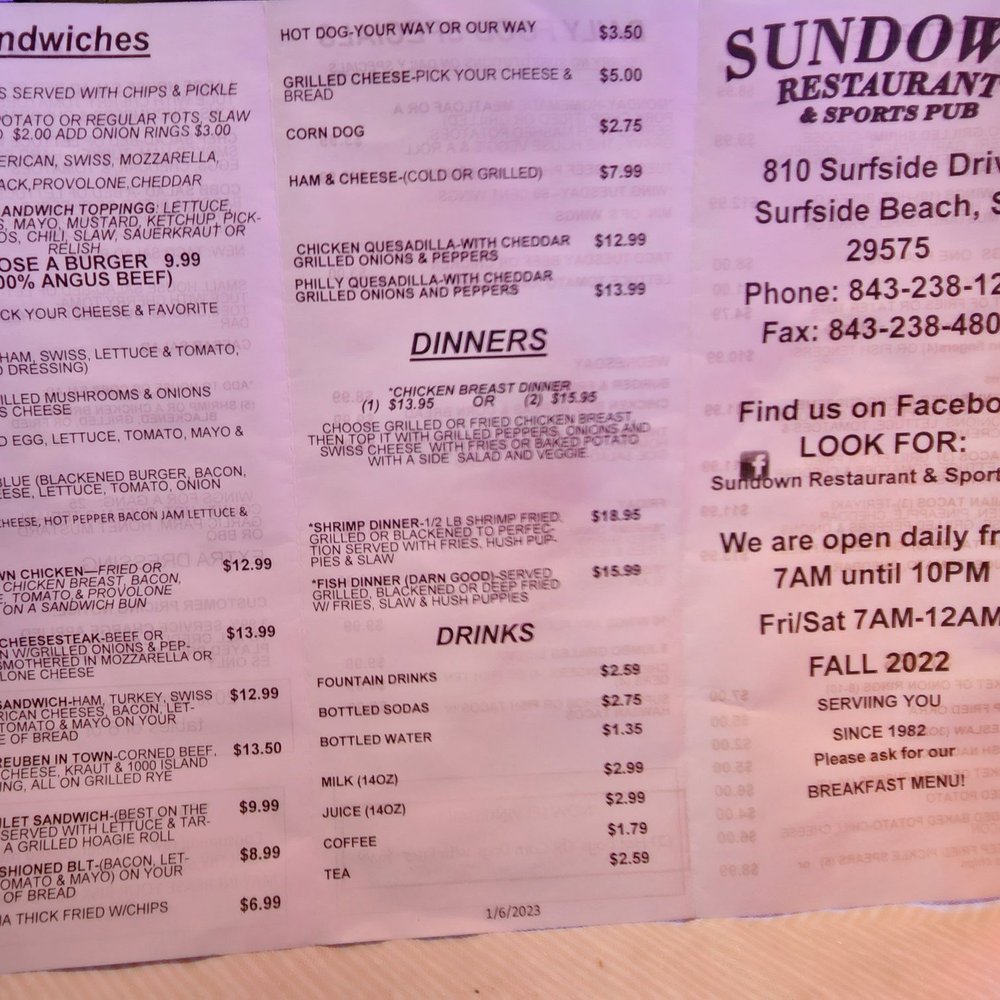 Sundown Sports Pub - the menu for the sundown sports pub - Sports Bars Near Me - Surfside Beach, South Carolina