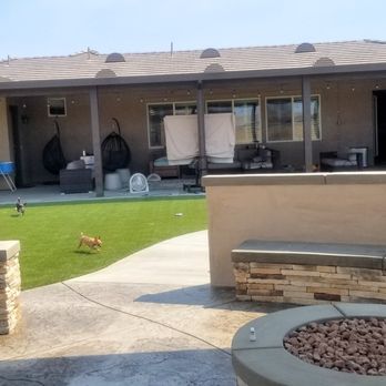 Exterior Designs Custom Landscape - Background:1500 sq ft covered patio. Foreground: Gas fire pit. - Landscaping Near Me - Apple Valley, California Exterior Designs Custom Landscape - Background:1500 sq ft covered patio. Foreground: Gas fire pit. - Landscaping Near Me - Apple Valley, California