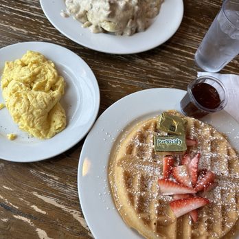 Brekkies - Biscuits and gravy, scrambled eggs & a Belgian waffle - Breakfast & Brunch Near Me - Solvang, California