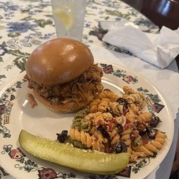 Brick Street Cafe - Barbecue Idgie's Down South Bbq Sandwich with pasta salad - Southern Near Me - Greenville, South Carolina Brick Street Cafe - Barbecue Idgie's Down South Bbq Sandwich with pasta salad - Southern Near Me - Greenville, South Carolina