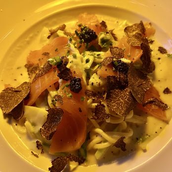 Positano Restaurant - Spaghetti Caccio e Pepe with salmon, asparagus and shaved black truffles. - Italian Near Me - Brooklyn, New York Positano Restaurant - Spaghetti Caccio e Pepe with salmon, asparagus and shaved black truffles. - Italian Near Me - Brooklyn, New York