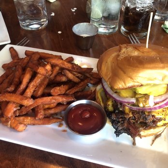 The Fork n Cork - Kyle Style brisket burger with sweet potato fries - New American Near Me - Wilmington, North Carolina
