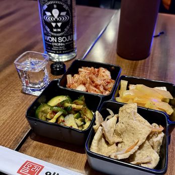 Ollei - Banchan quartet of baechu kimchi, danmuji, eomuk, and oi muchim + Jay Park's Won Soju brand. - Korean Near Me - San Francisco, California Ollei - Banchan quartet of baechu kimchi, danmuji, eomuk, and oi muchim + Jay Park's Won Soju brand. - Korean Near Me - San Francisco, California