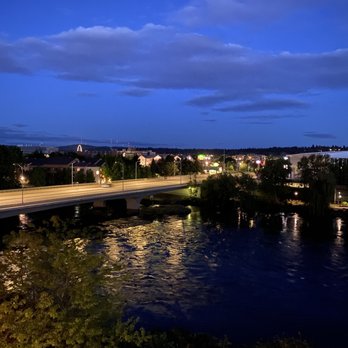 Oxford Suites Spokane - Evening view from the river suite - Hotels Near Me - Spokane, Washington Oxford Suites Spokane - Evening view from the river suite - Hotels Near Me - Spokane, Washington
