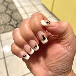 Gel overlay with French manicure and kitty designs by Julie. So perfect!