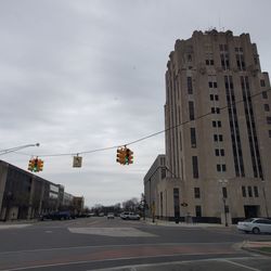 Light traffic and parking in downtown Mount Clemens by the County Courthouse Bldg. 4/22/2020