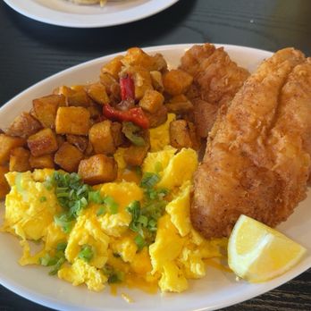 Granddaddy's Breakfast Haus - Catfish, eggs scrambled hard with cheese and onions, and the bomb potatoes. Pancakes. - Breakfast & Brunch Near Me - Gardena, California