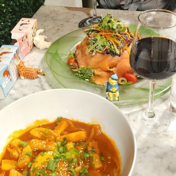 Caffe Concerto - Dukbokki (a good amount of spicy), Smoked Salmon Salad, House Wine (a dry, smoky red), Espresso Martini - Pizza Near Me - Los Angeles, California